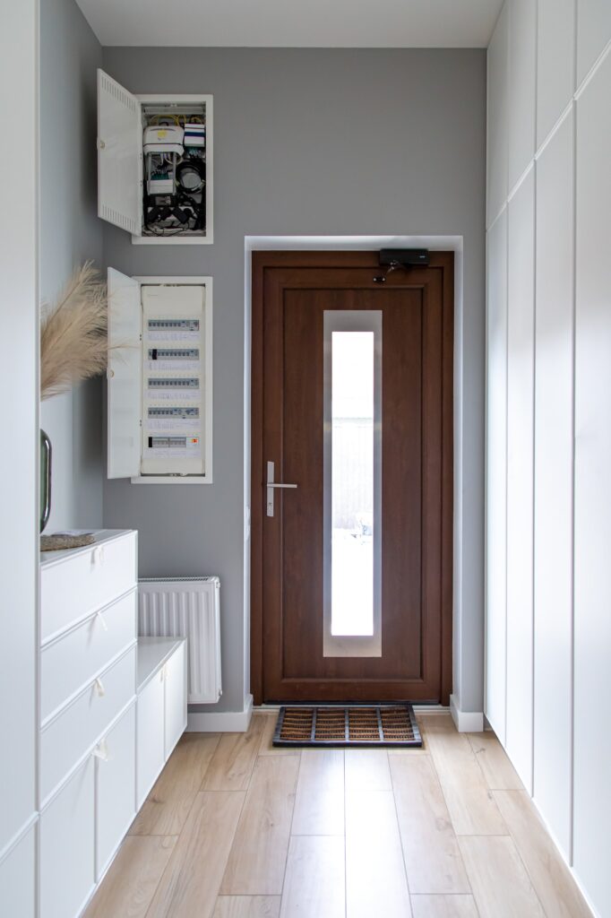 Corridor interior with an entrance door in a private house.